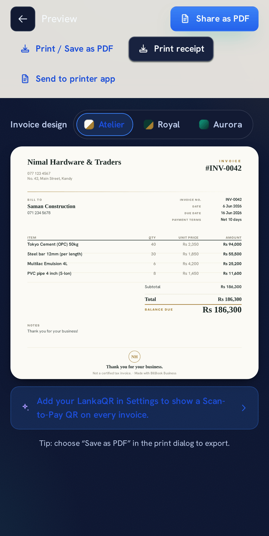 The BillBook Business invoice screen with the Atelier, Royal and Aurora invoice designs to choose from