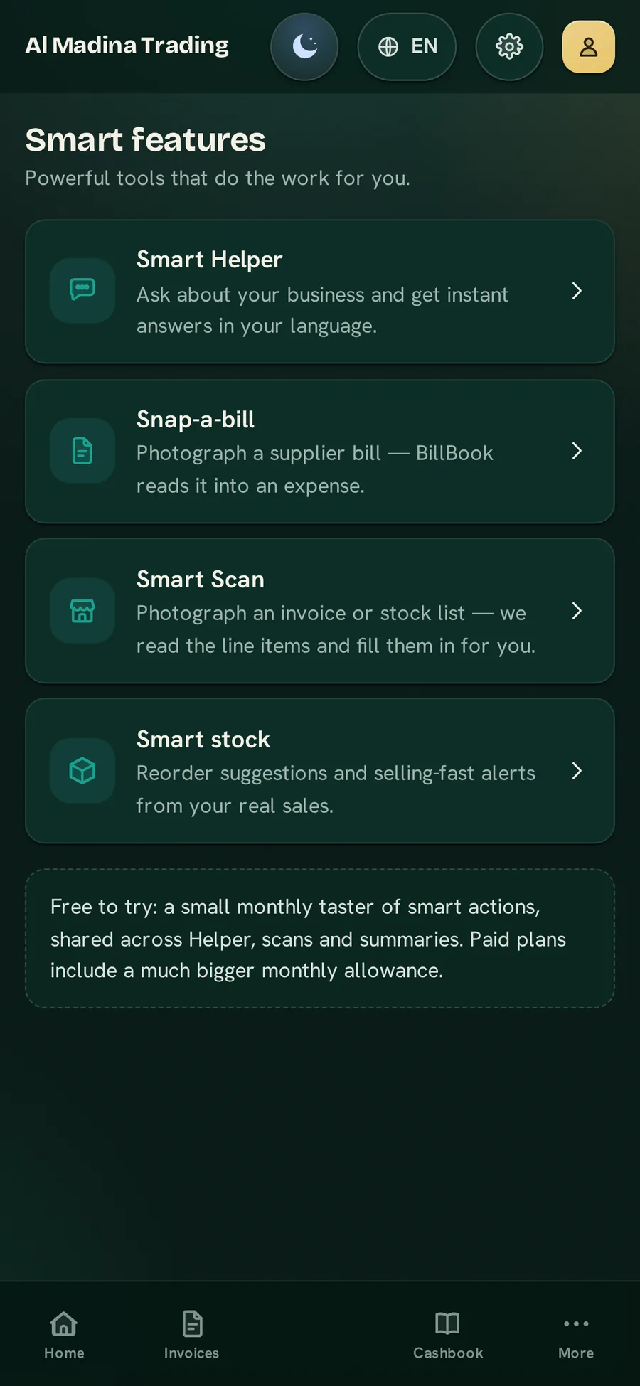 The BillBook Business Smart screen — Smart Helper, Snap-a-bill, Smart Scan and smart stock — in the Midnight Atelier skin