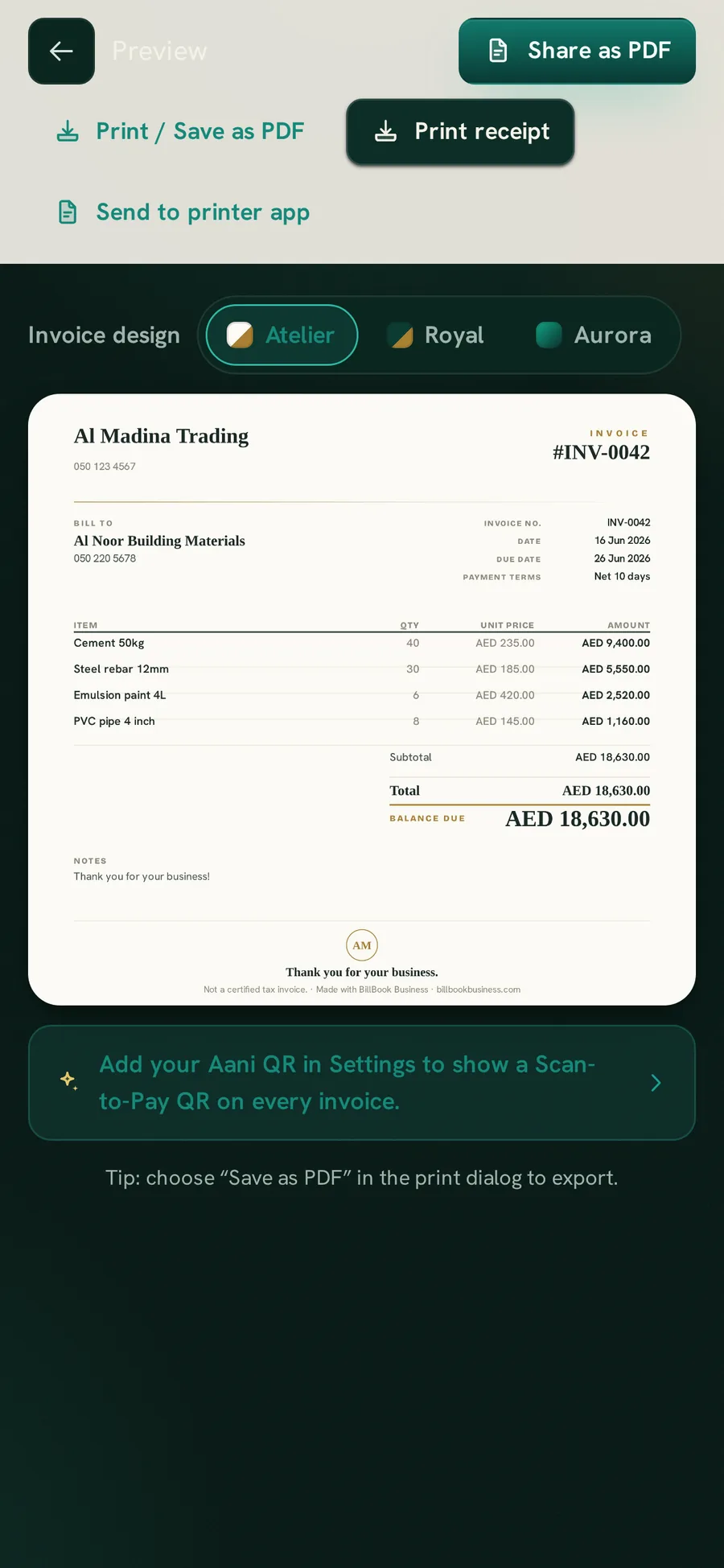 The BillBook Business invoice screen with the Atelier, Royal and Aurora invoice designs to choose from