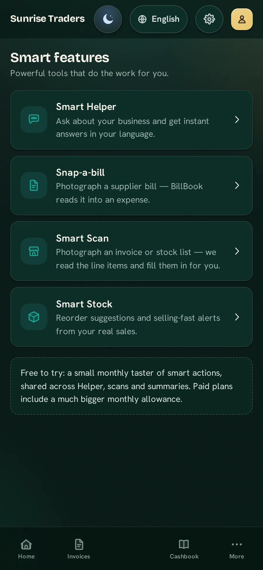 The BillBook Business Smart screen — Smart Helper, Snap-a-bill, Smart Scan and smart stock — in the Midnight Atelier skin