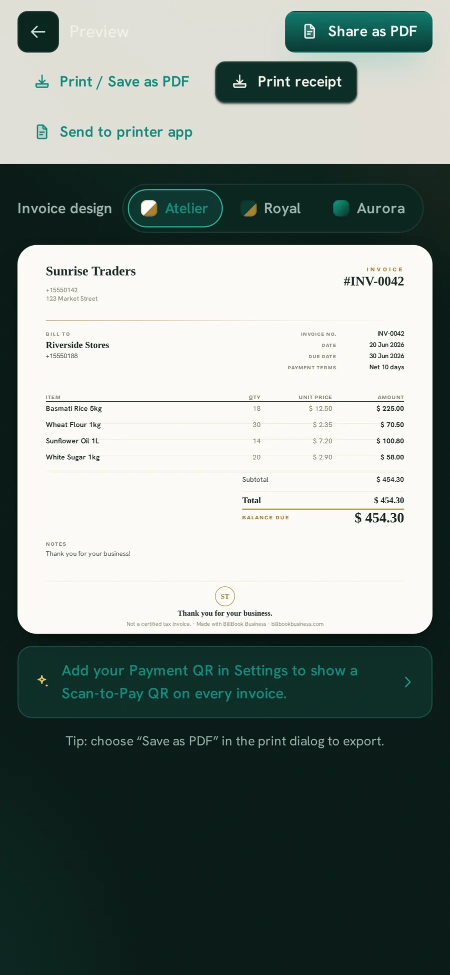 The BillBook Business invoice screen with the Atelier, Royal and Aurora invoice designs to choose from