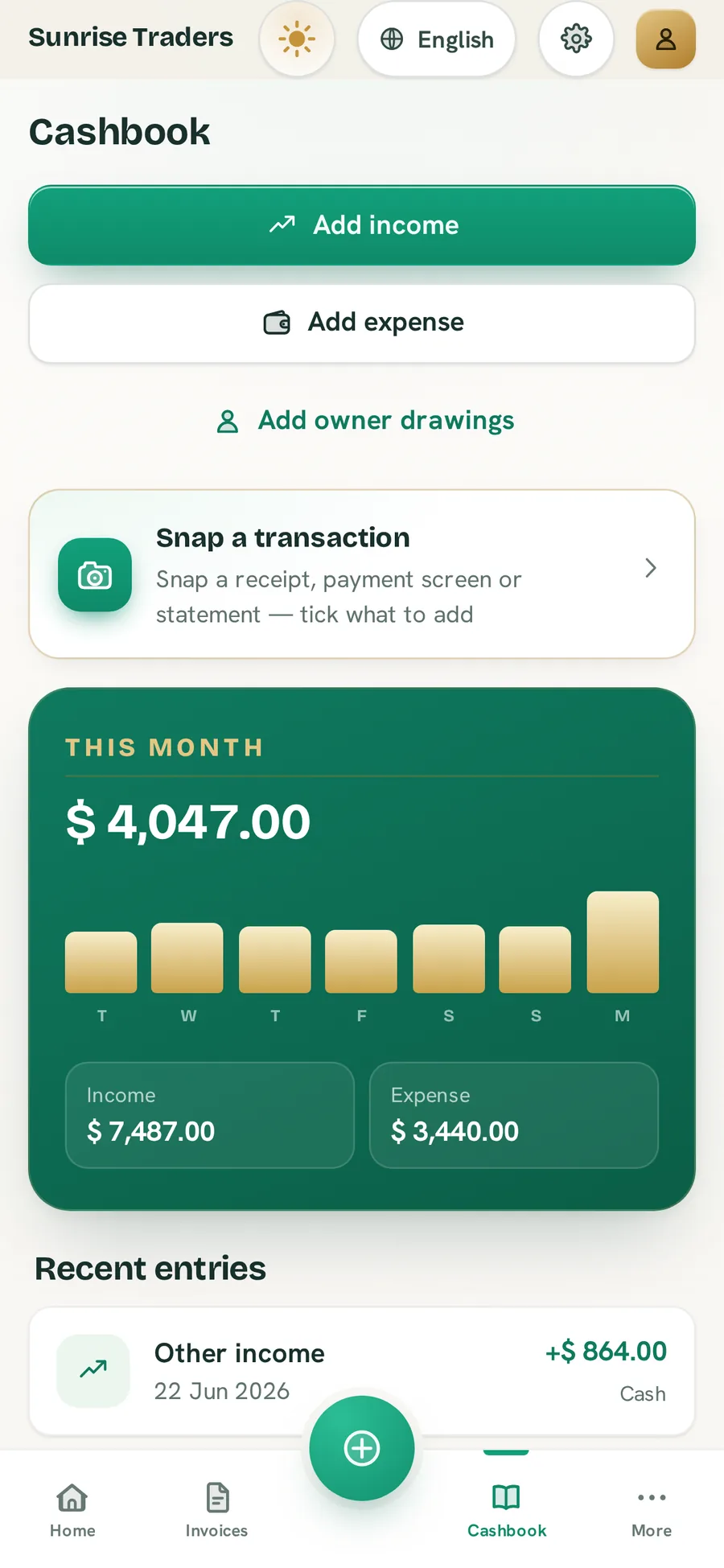 BillBook cashbook in the Ledger Light theme