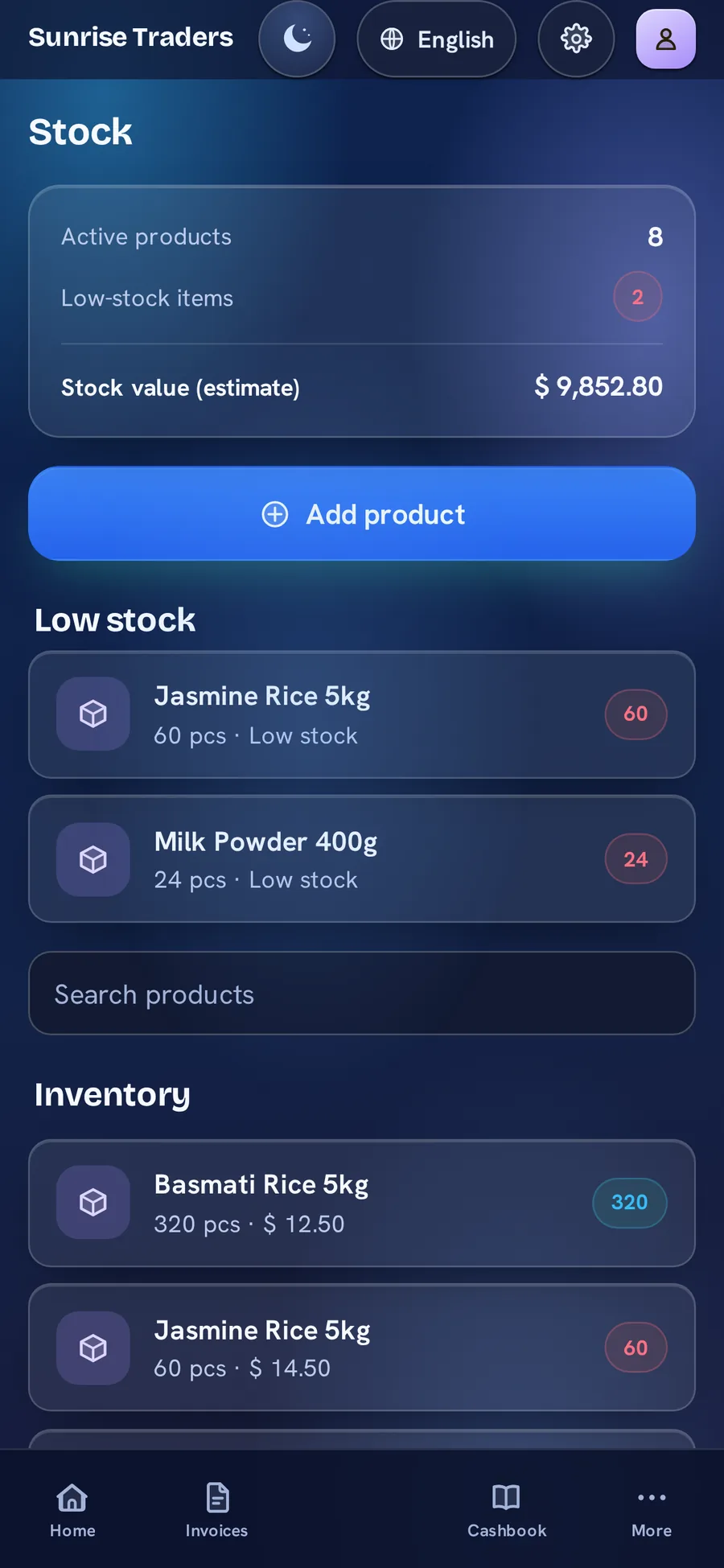BillBook stock in the Aurora Glass theme