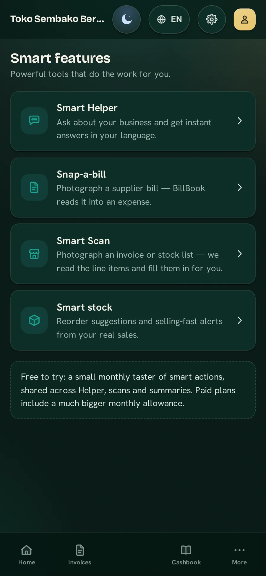 The BillBook Business Smart screen — Smart Helper, Snap-a-bill, Smart Scan and smart stock — in the Midnight Atelier skin