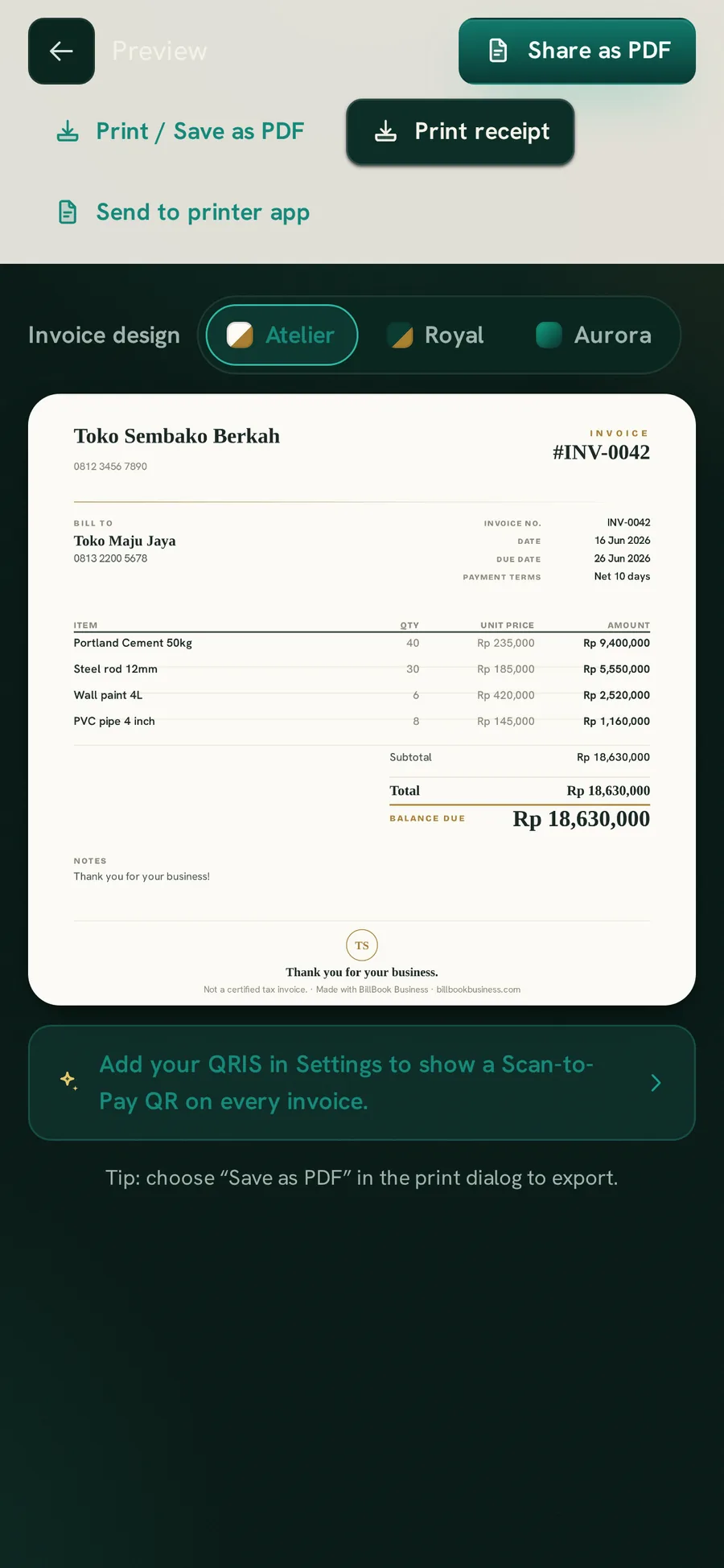 The BillBook Business invoice screen with the Atelier, Royal and Aurora invoice designs to choose from