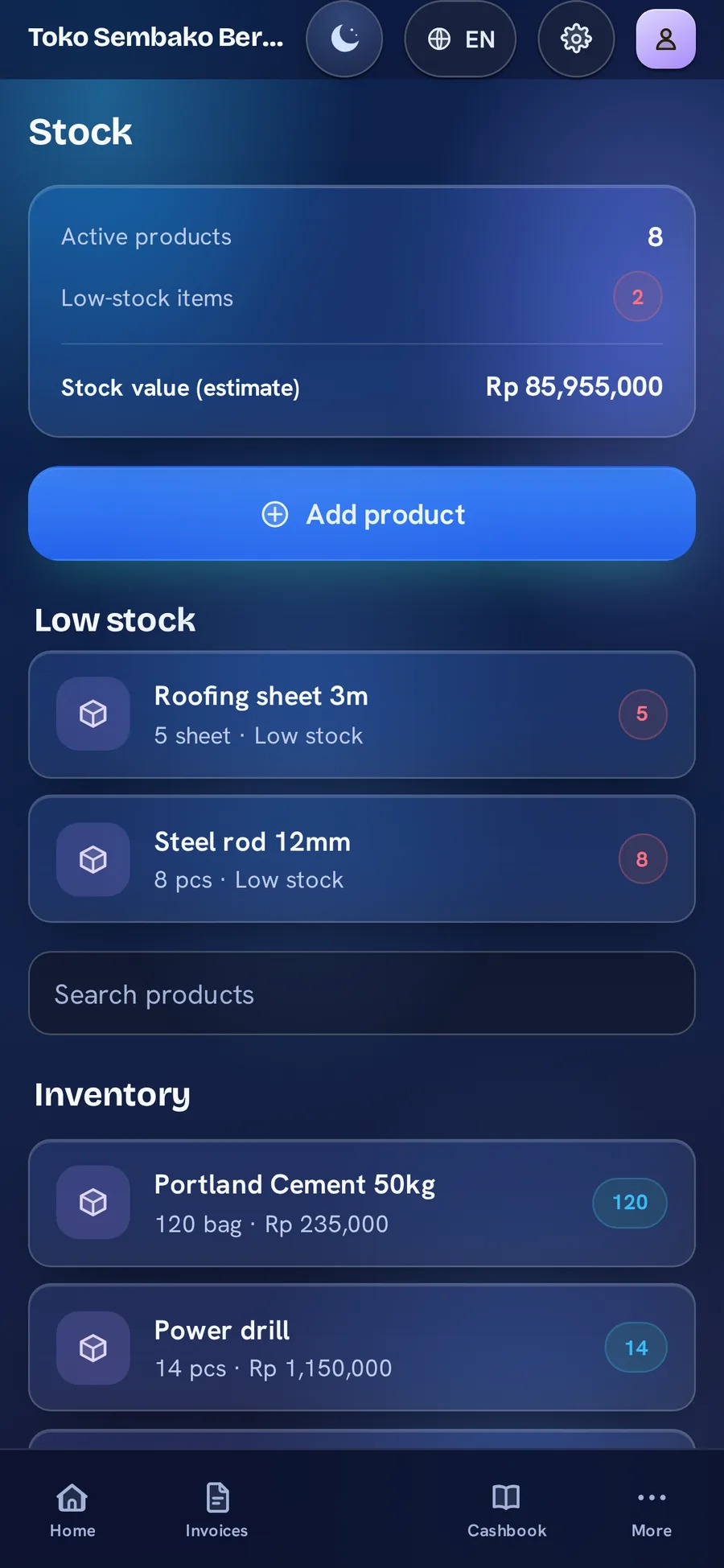 BillBook stock in the Aurora Glass theme