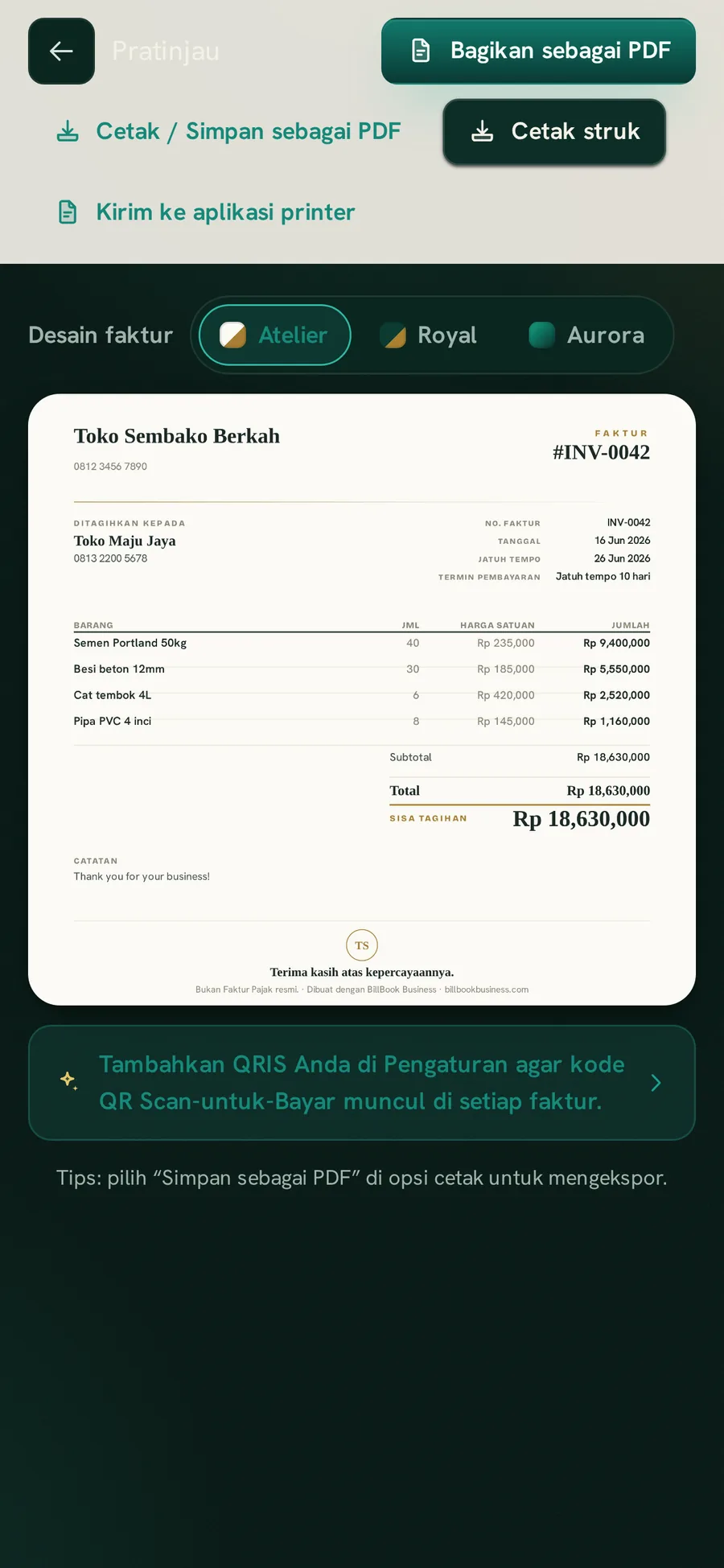 Layar tagihan BillBook Business dengan pilihan desain tagihan Atelier, Royal, dan Aurora