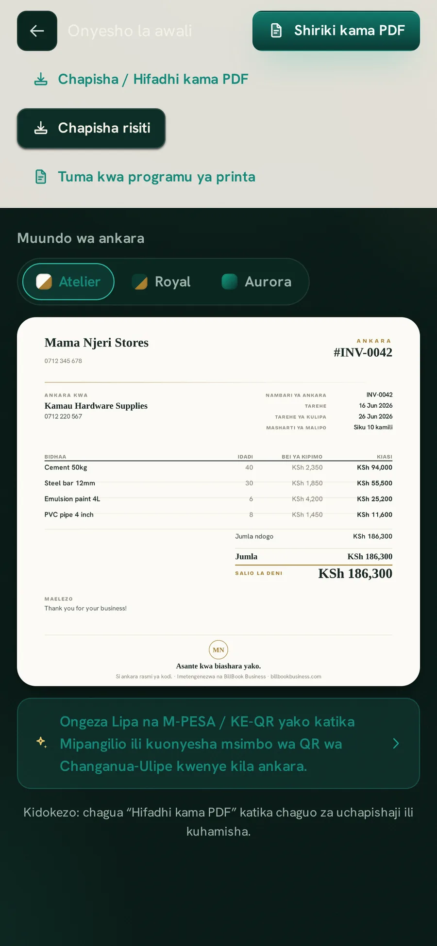 Skrini ya ankara ya BillBook Business ikiwa na miundo ya ankara ya Atelier, Royal na Aurora ya kuchagua