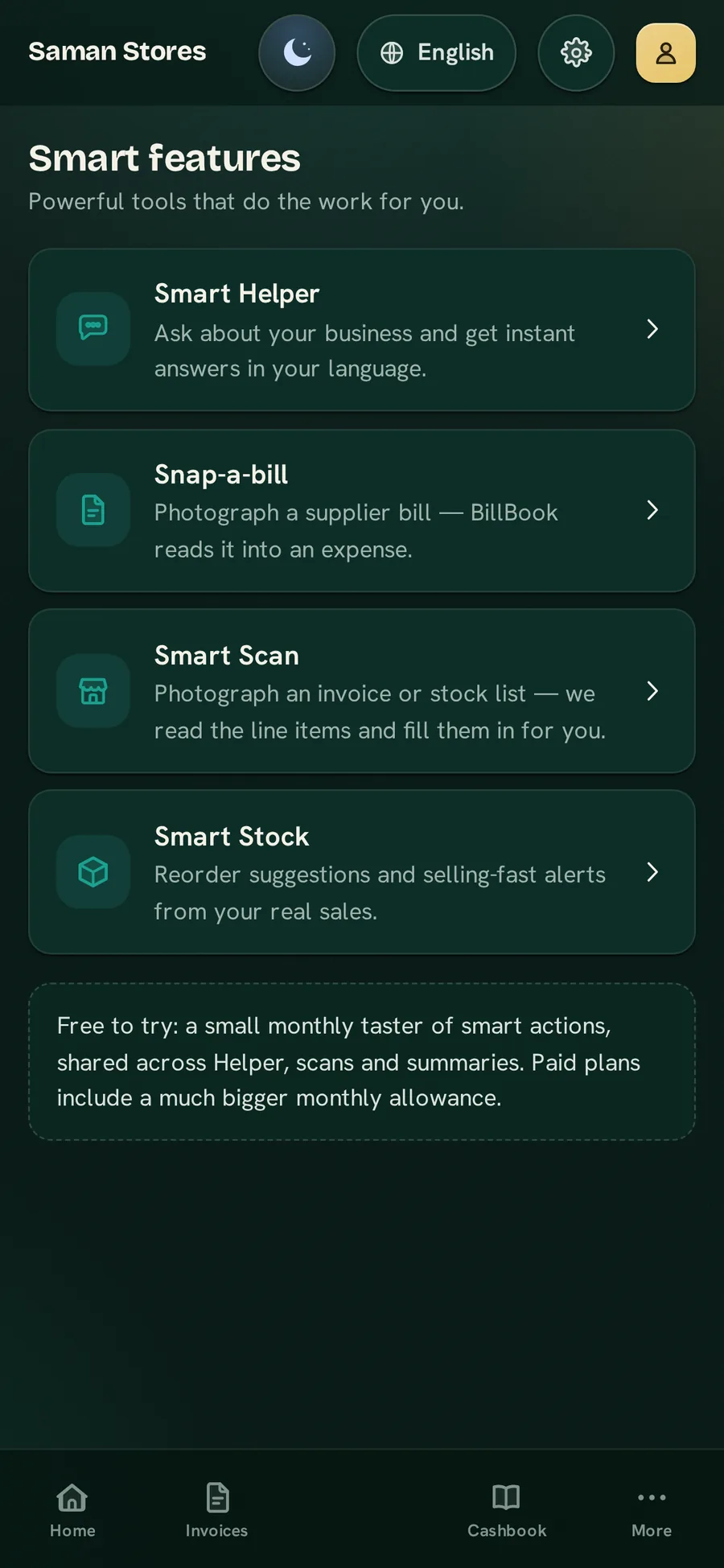 The BillBook Business Smart screen — Smart Helper, Snap-a-bill, Smart Scan and smart stock — in the Midnight Atelier skin