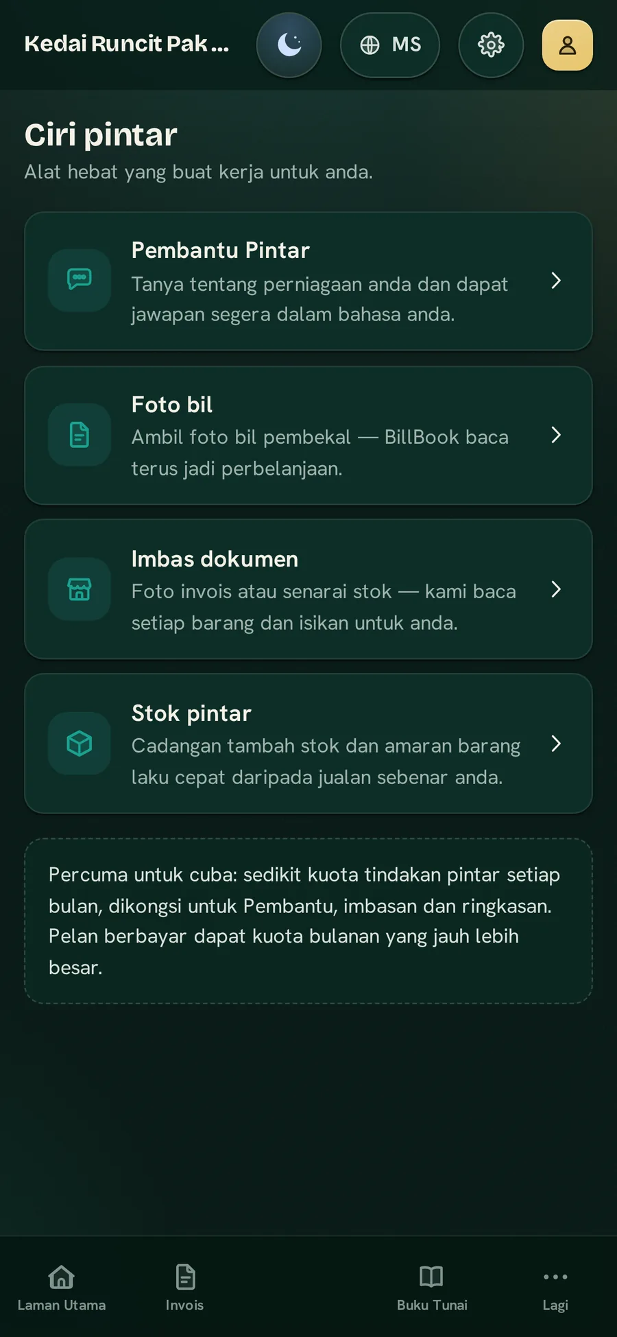 Skrin Pintar BillBook Business — Pembantu Pintar, Imbas Bil, Imbasan Pintar dan stok pintar — dalam tema Midnight Atelier
