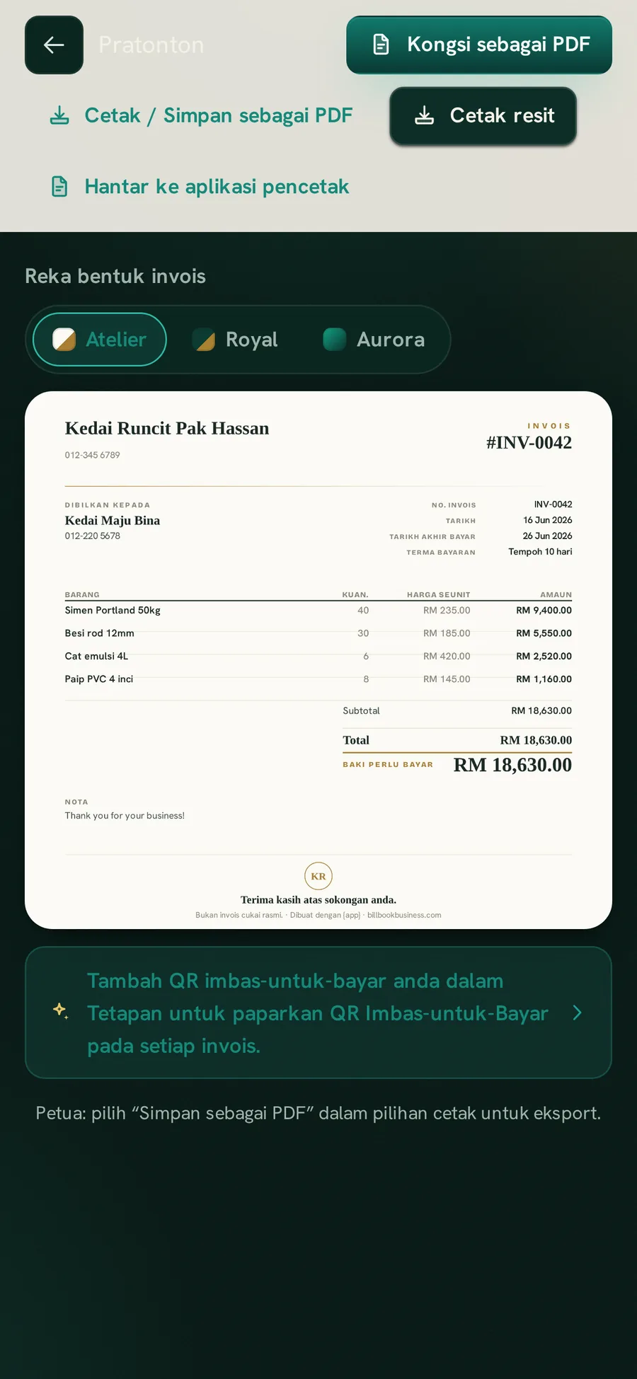 Skrin invois BillBook Business dengan reka bentuk invois Atelier, Royal dan Aurora untuk dipilih