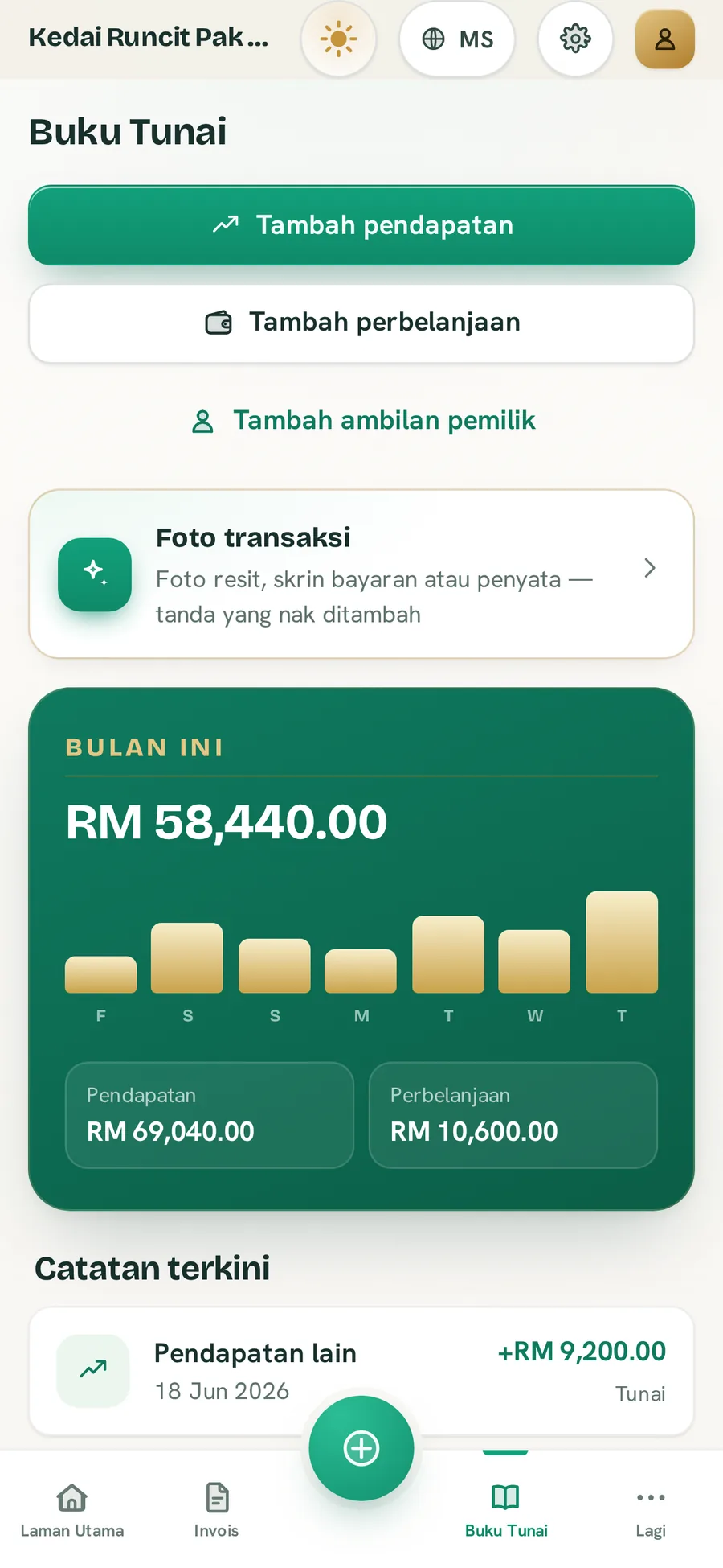 Buku tunai BillBook dalam tema Ledger Light