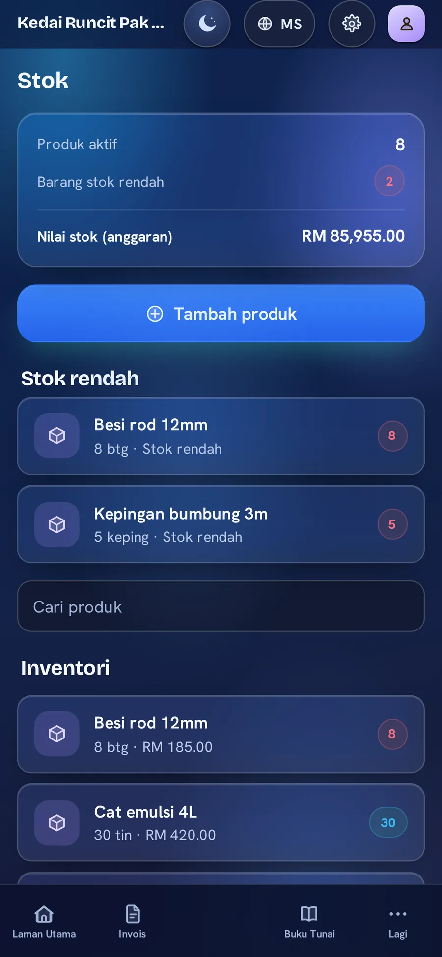 Stok BillBook dalam tema Aurora Glass
