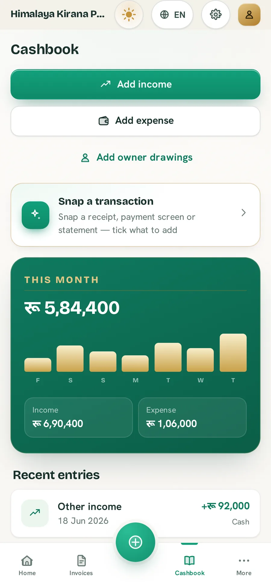BillBook cashbook in the Ledger Light theme