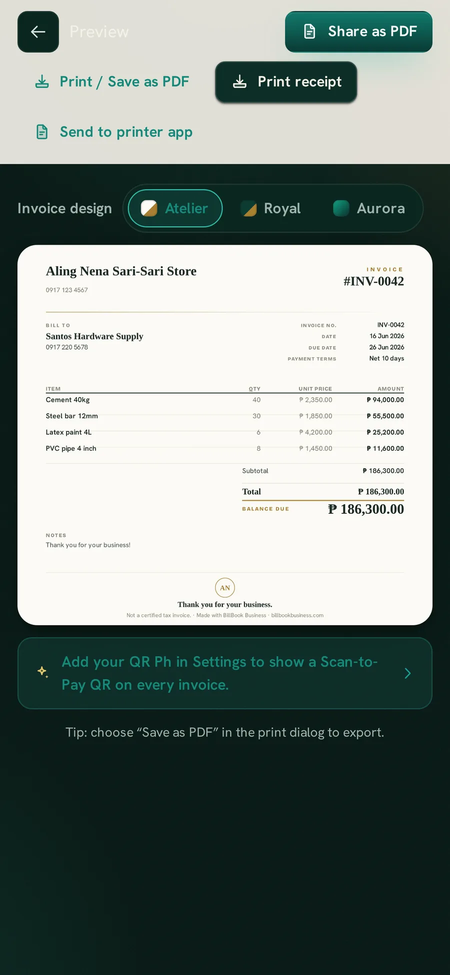 The BillBook Business invoice screen with the Atelier, Royal and Aurora invoice designs to choose from