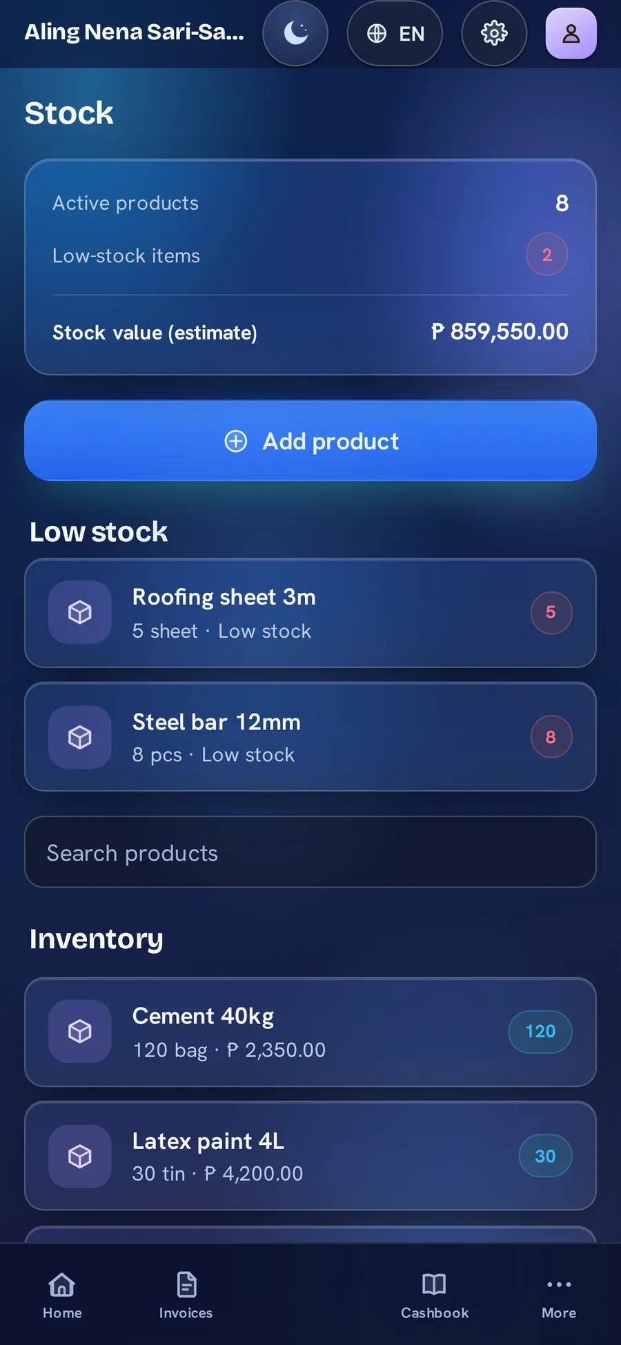 BillBook stock in the Aurora Glass theme