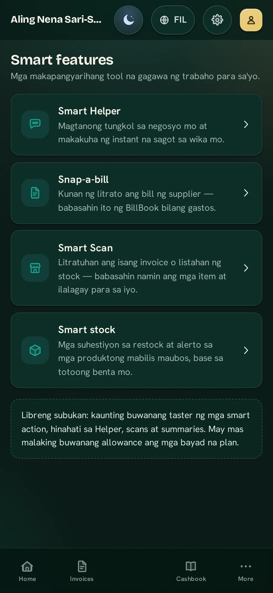 Ang Smart screen ng BillBook Business — Smart Helper, Snap-a-bill, Smart Scan at smart stock — sa Midnight Atelier na disenyo