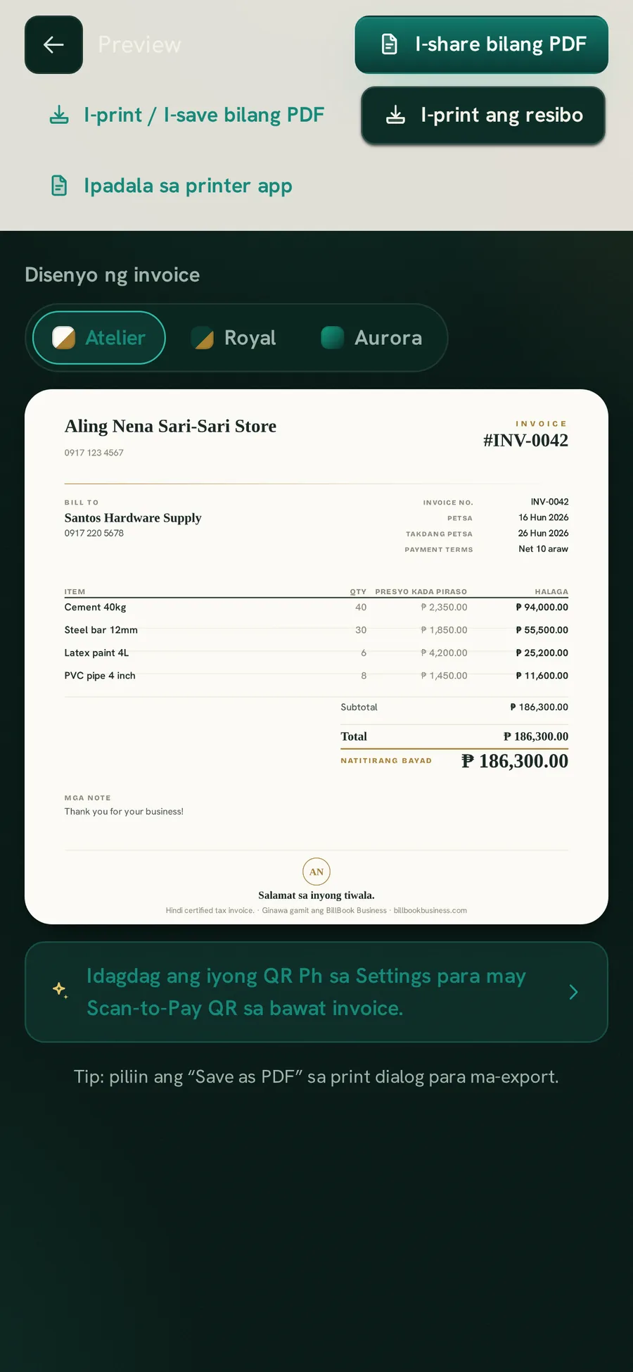 Ang invoice screen ng BillBook Business na may Atelier, Royal at Aurora na mapagpipiliang disenyo ng invoice
